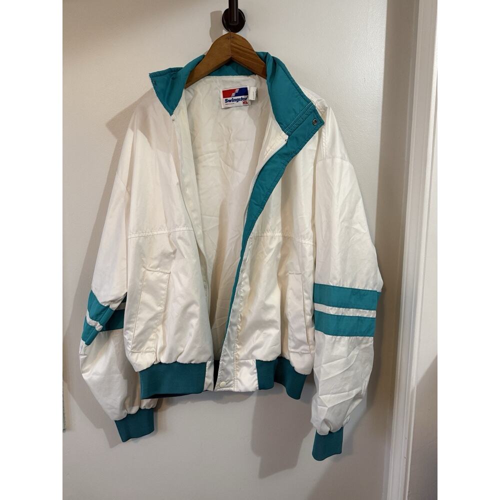 Vintage Swingster White Teal Striped Bomber Jacket Size XL Retro 80s 90s